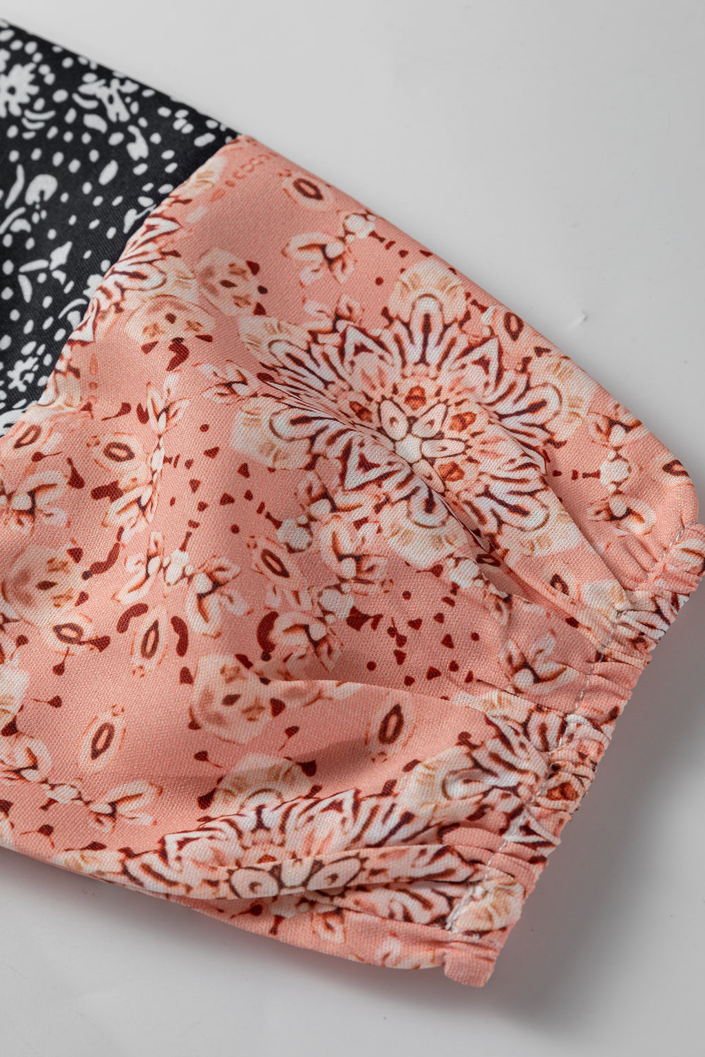 Beige Floral Patchwork Textured Knit Drawstring V Neck Blouse