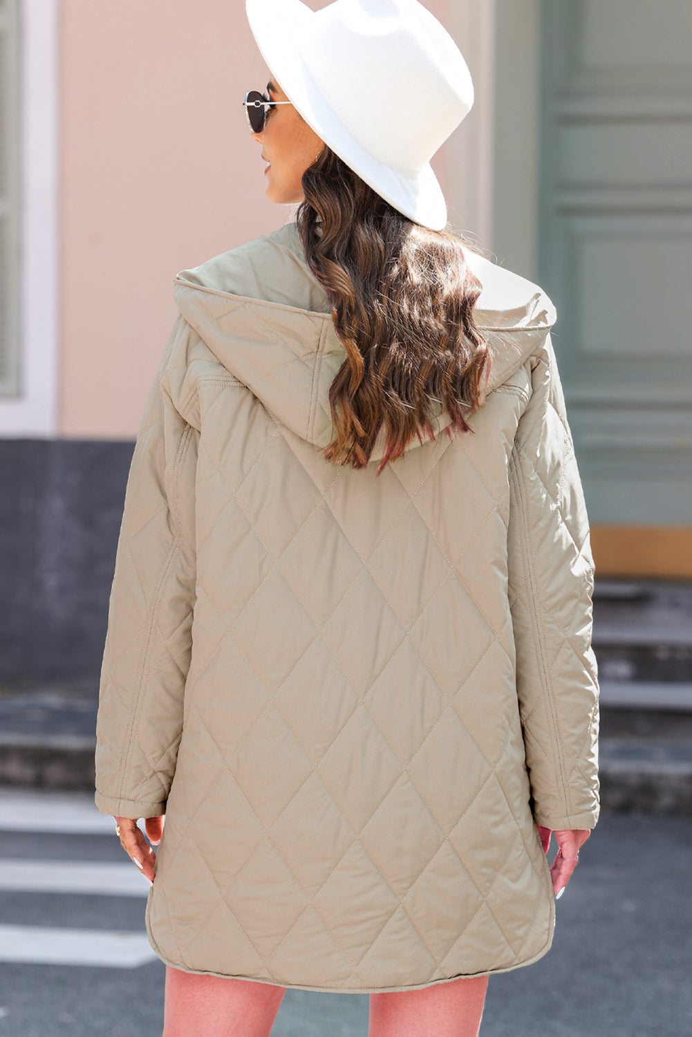 Beige Quilted Snap Button Hooded Coat