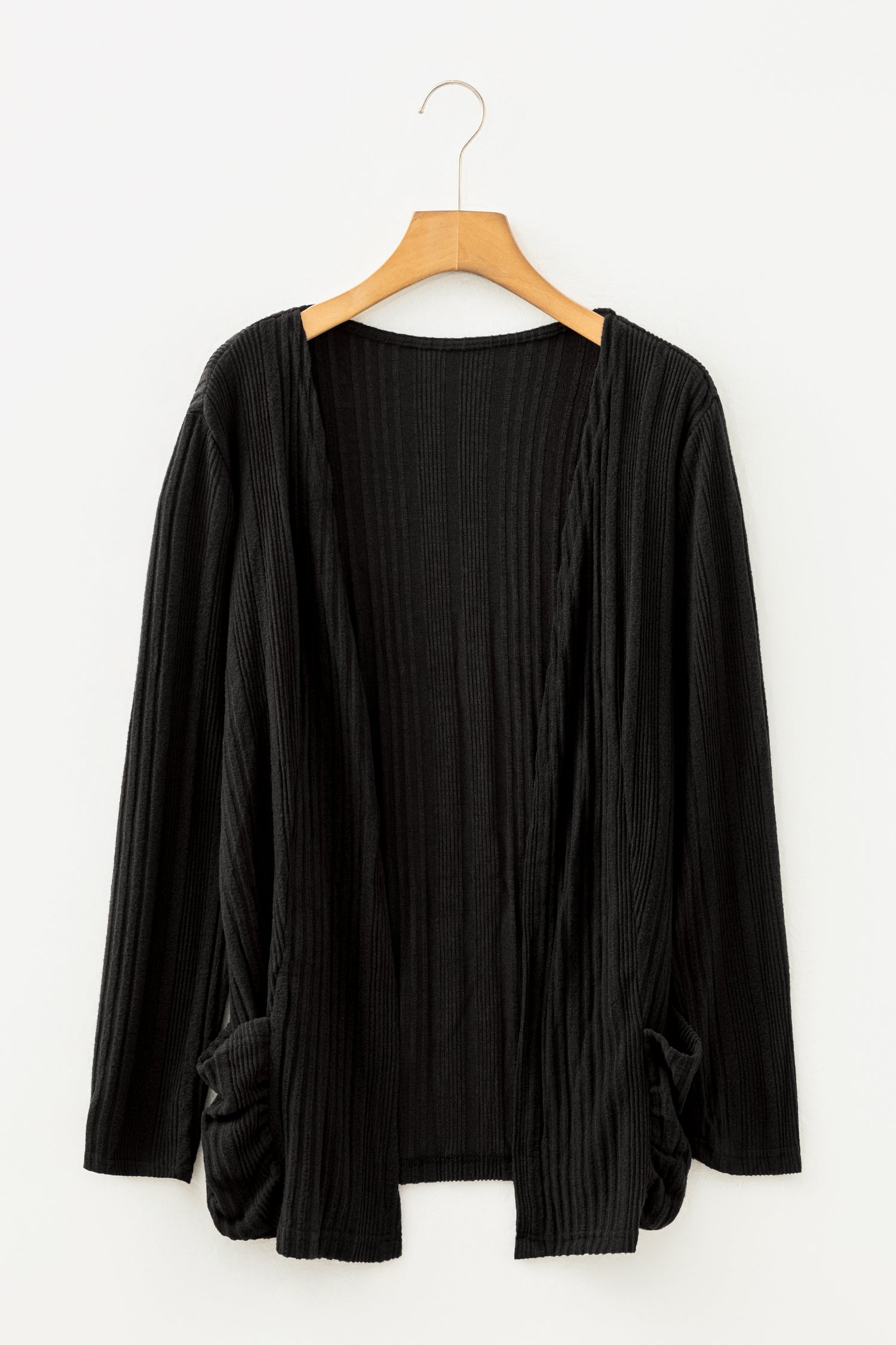 Black Ribbed Open Front Knitted Top with Pockets