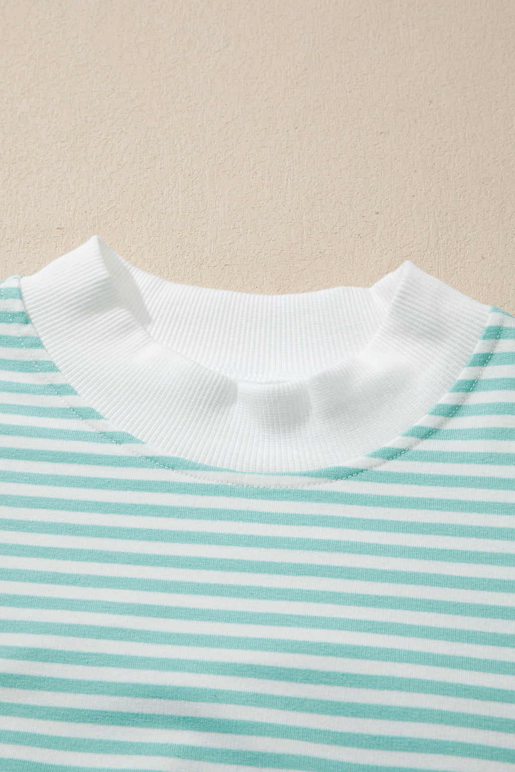 Pink Stripe Cuffed Sleeve Contrast Mock Neck Tee Casual 2pcs Short Set
