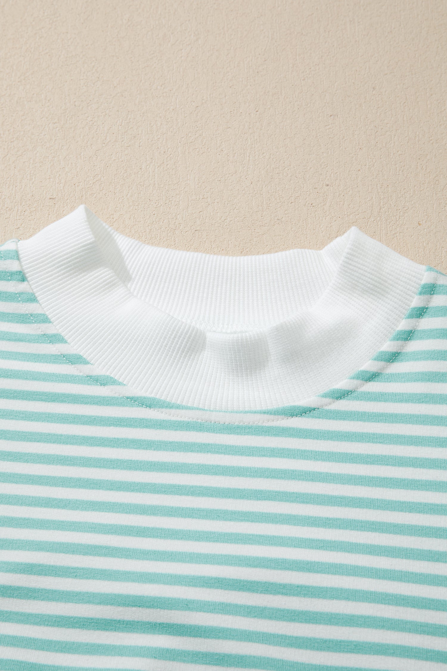 Pink Stripe Cuffed Sleeve Contrast Mock Neck Tee Casual 2pcs Short Set
