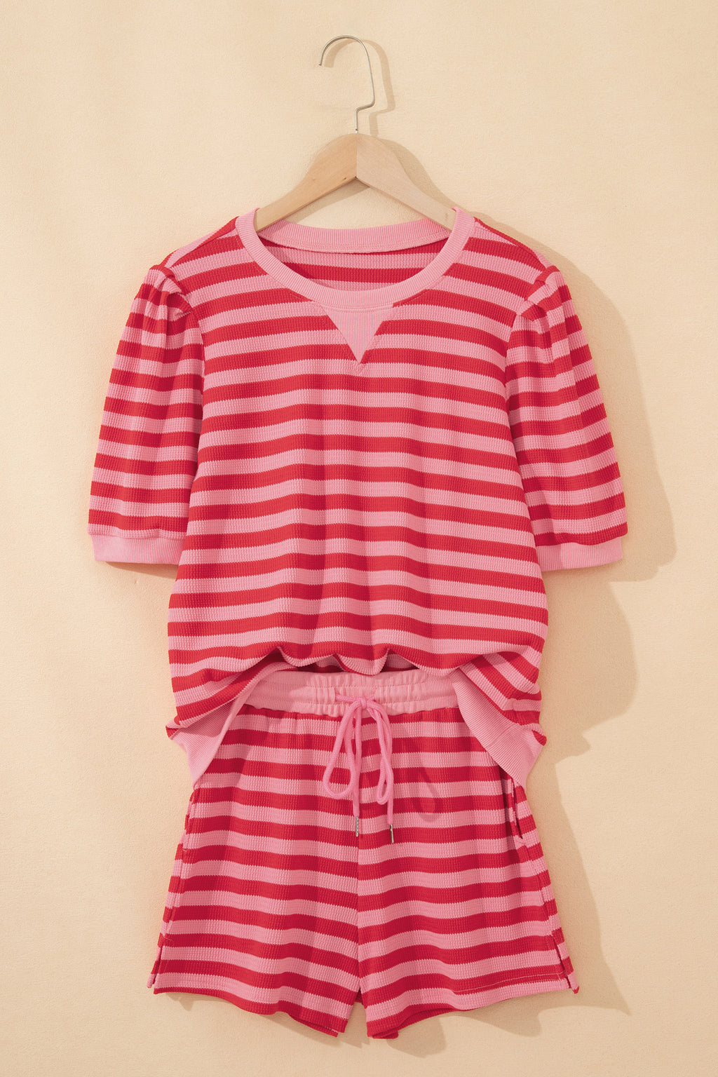 Pink Stripe Puff Short Sleeve T Shirt Matching Shorts Set