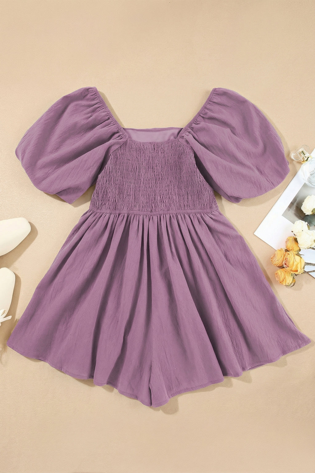 Jungle Green Square Neck Ruched Puff Sleeve Romper