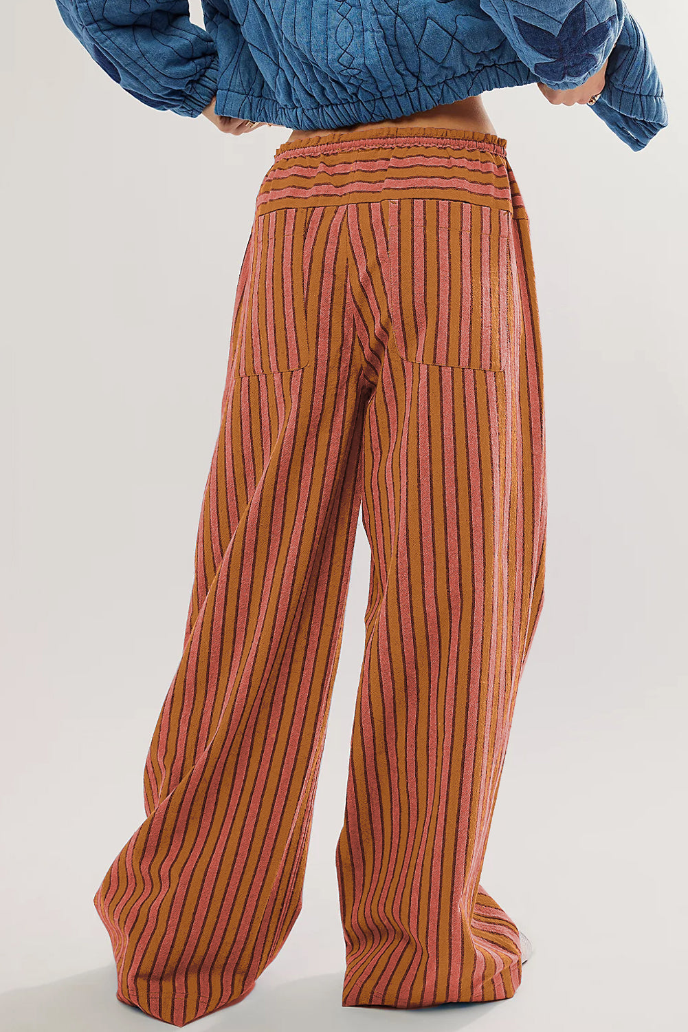 Khaki Stripe Button Pocket Tie Waist Casual Wide Leg Pants