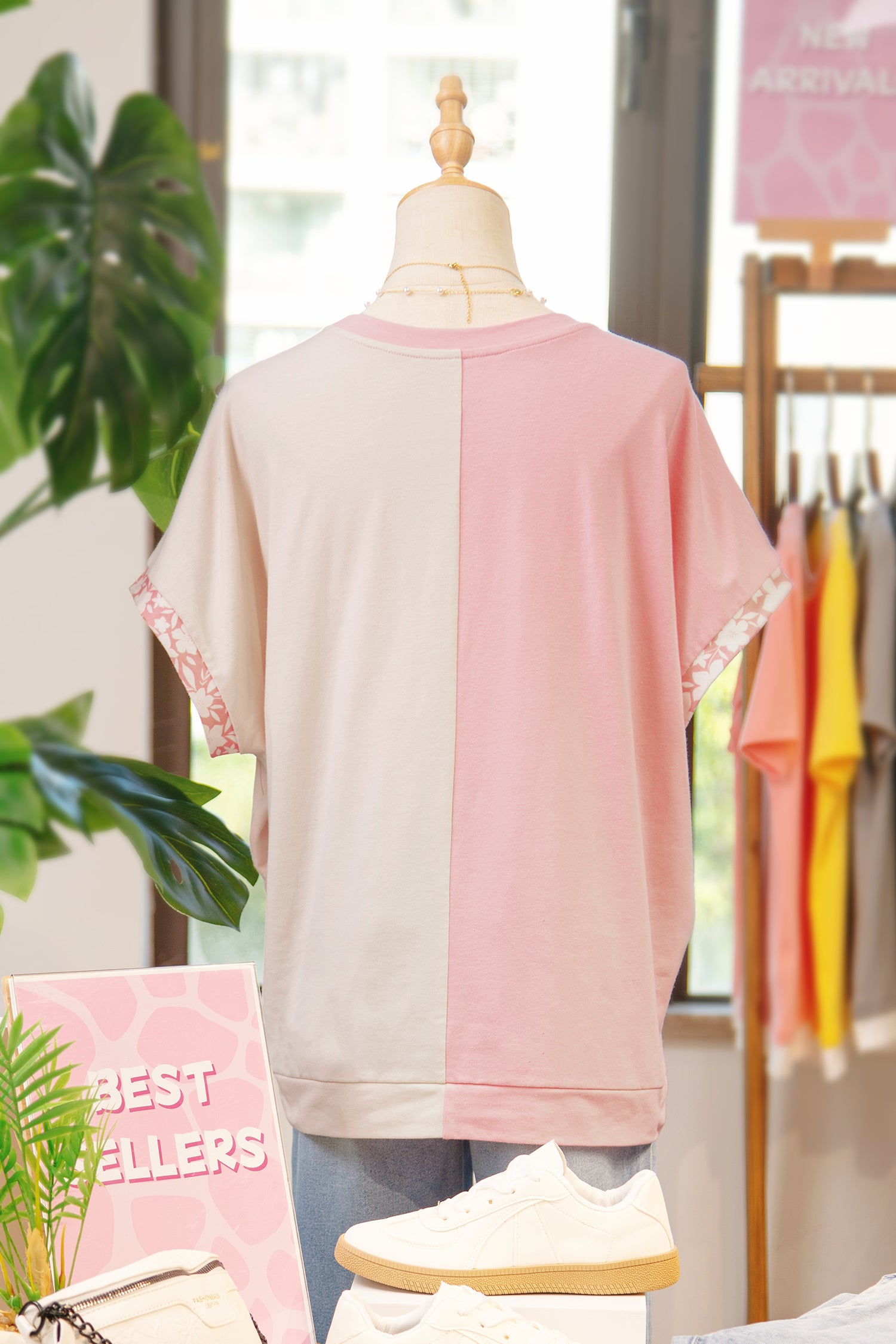Apricot Color Block Flower Patched Loose T Shirt