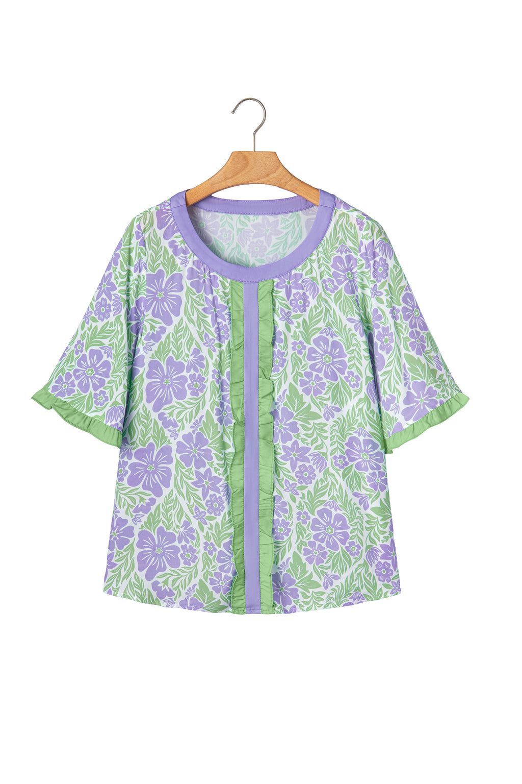 Rose Floral Print Ruffled Color Block Trim Half Sleeve Blouse