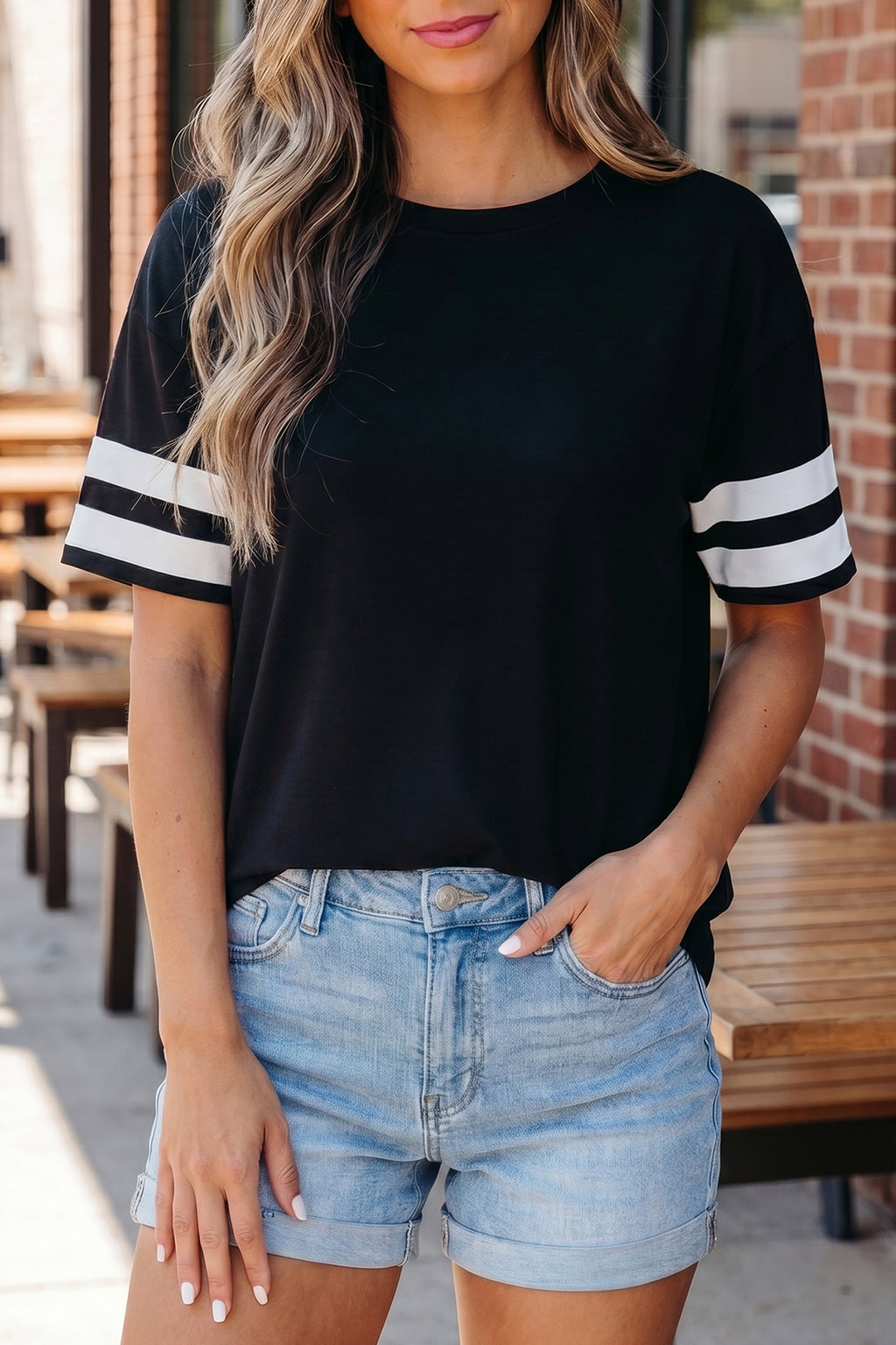 Dark Blue Varsity Striped Short Sleeve Crew Neck T Shirt