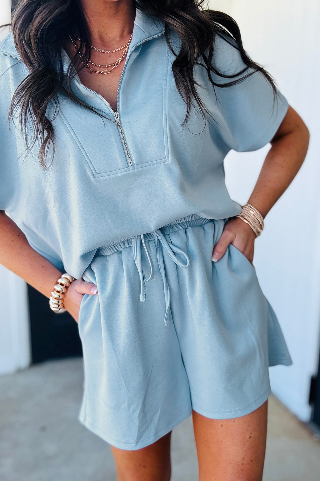 Beau Blue Solid Color Half Zip Loose Short Sleeve Sweatshirt 2pcs Set