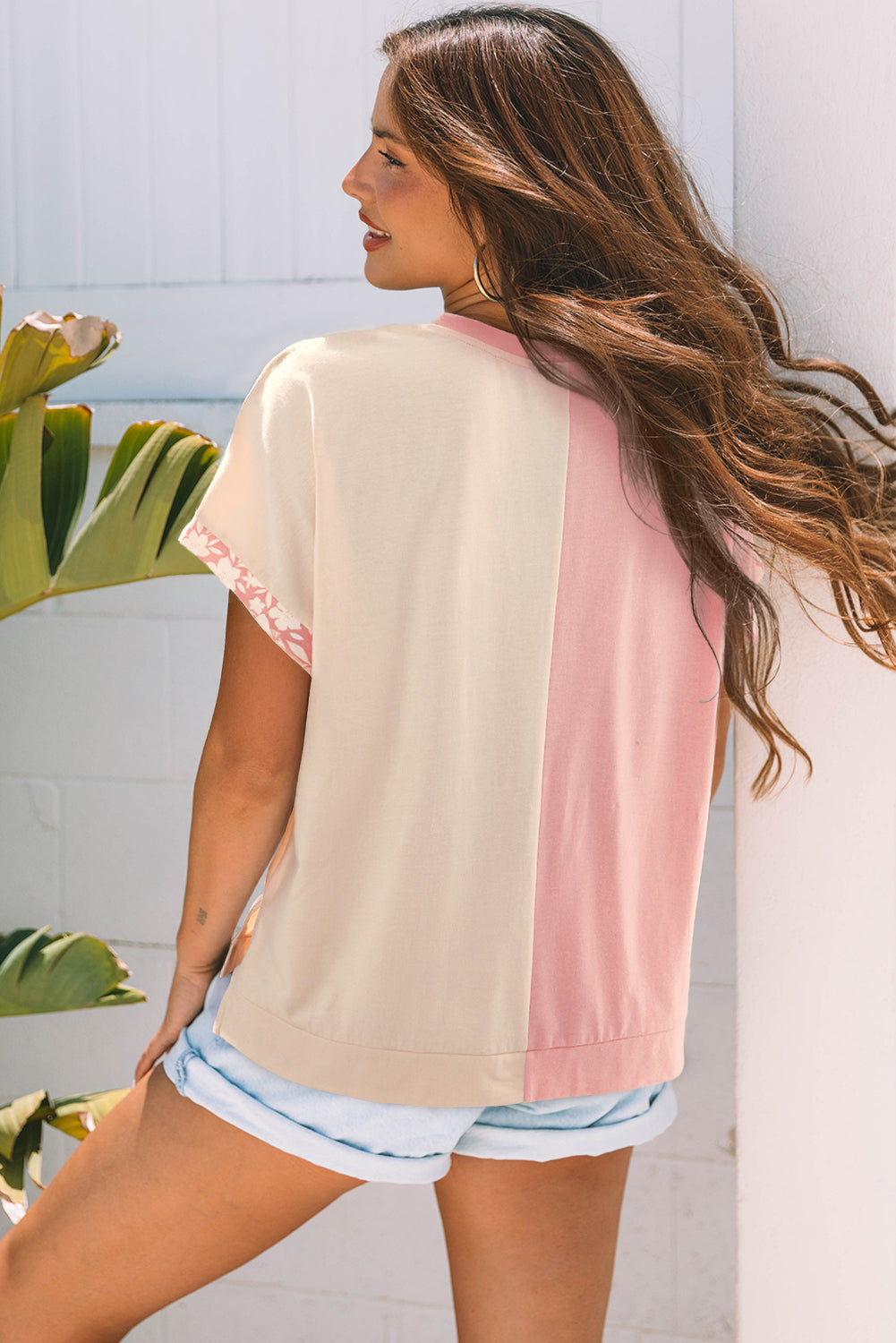 Apricot Color Block Flower Patched Loose T Shirt