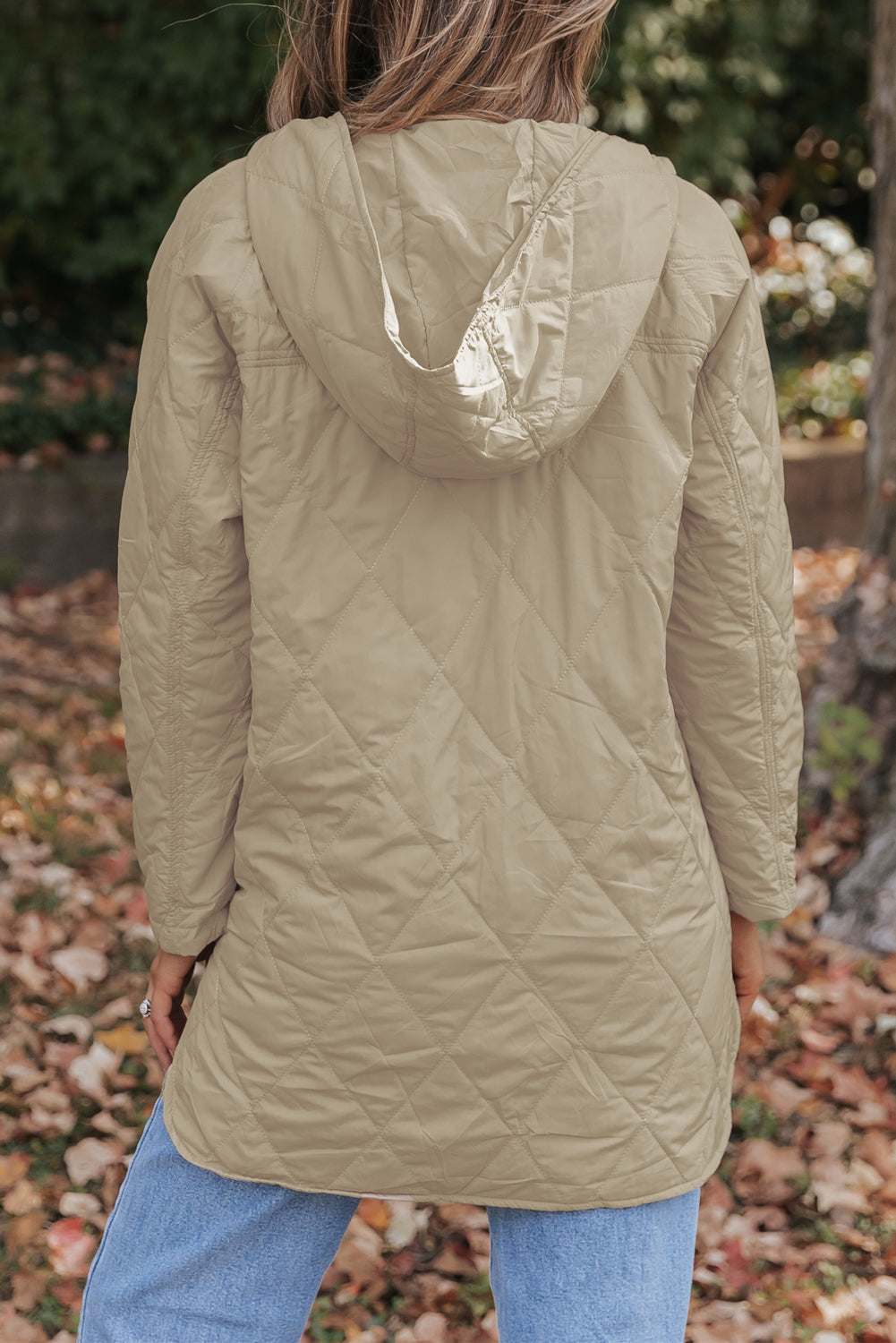 Beige Quilted Snap Button Hooded Coat