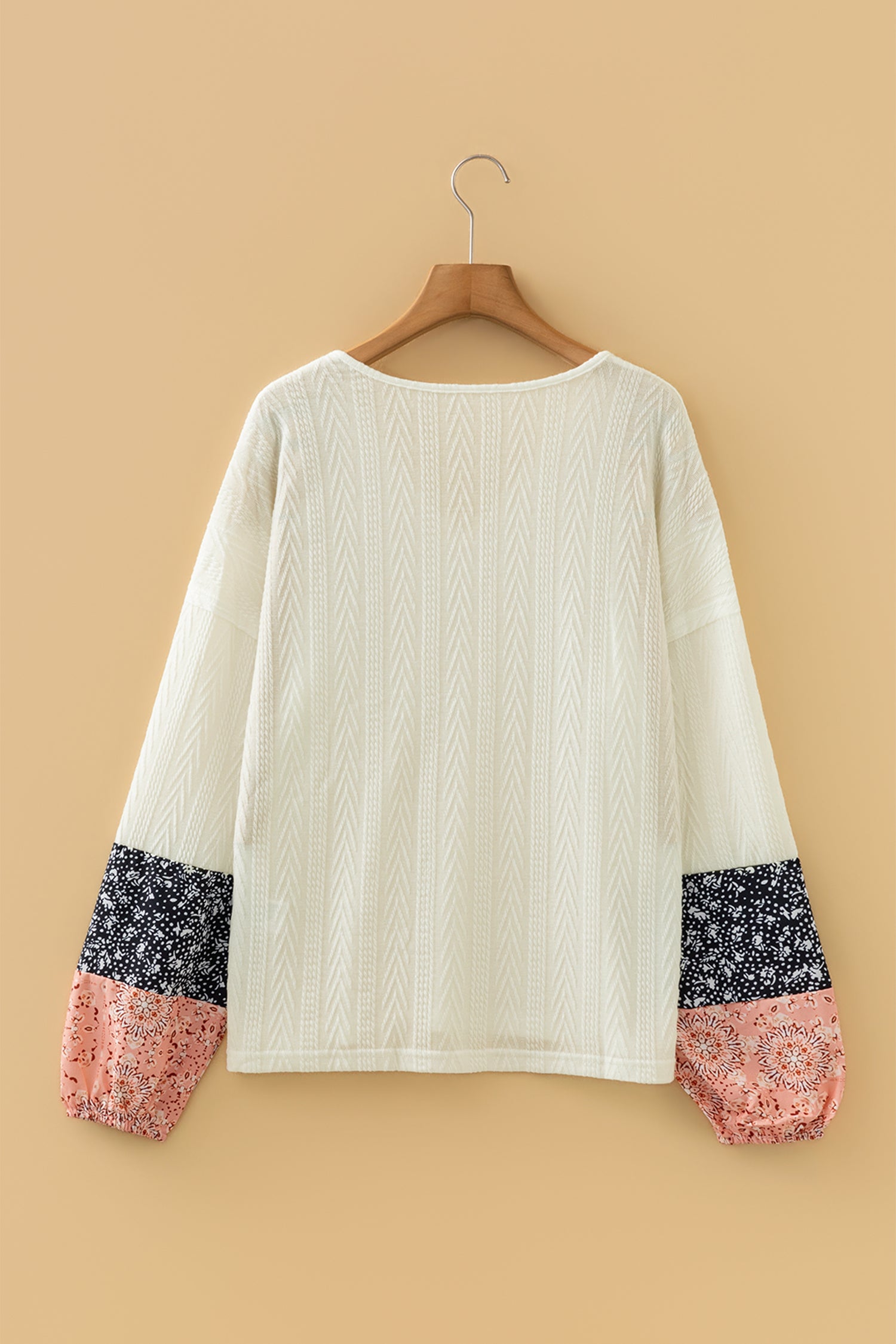 Beige Floral Patchwork Textured Knit Drawstring V Neck Blouse