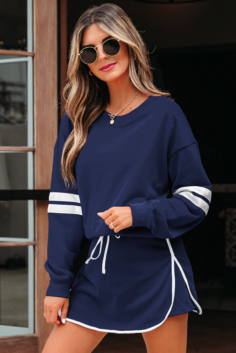 Black Varsity Stripe Detail Drop Shoulder Pullover Mini Skort Set