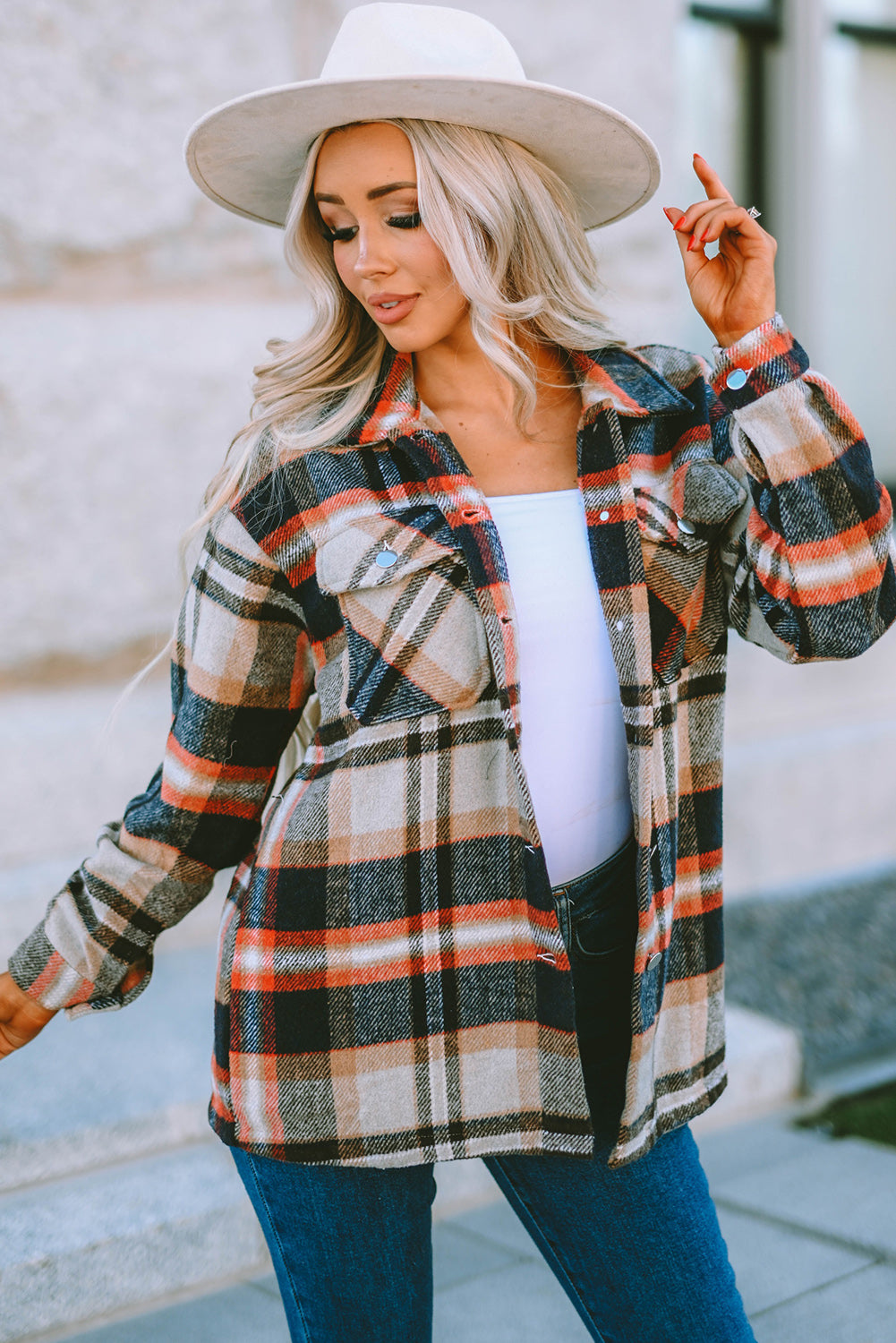 Fiery Red Geometric Plaid Print Pocketed Shacket