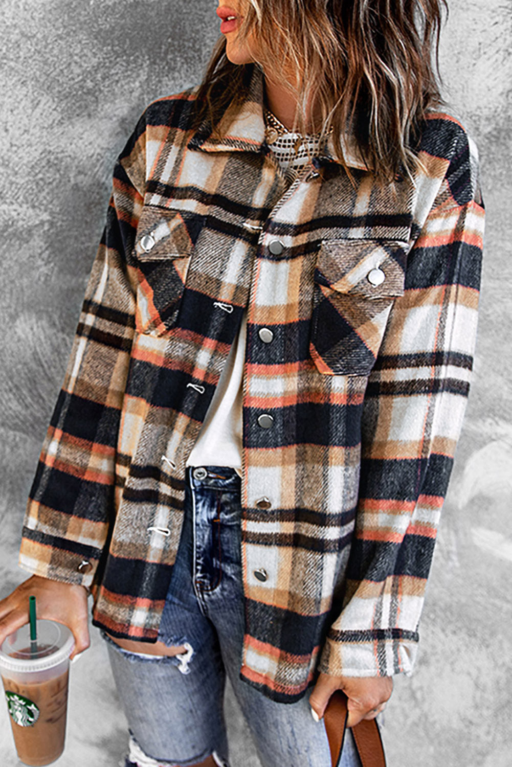Fiery Red Geometric Plaid Print Pocketed Shacket
