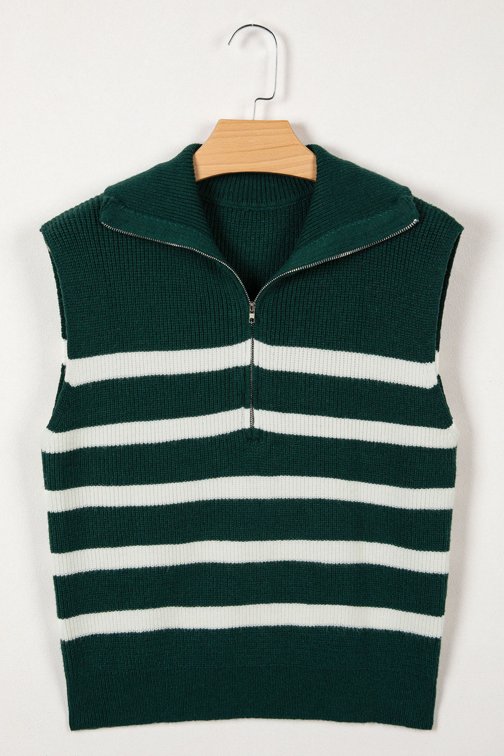 Blackish Green Ribbed Half Zip Collared Sweater Vest