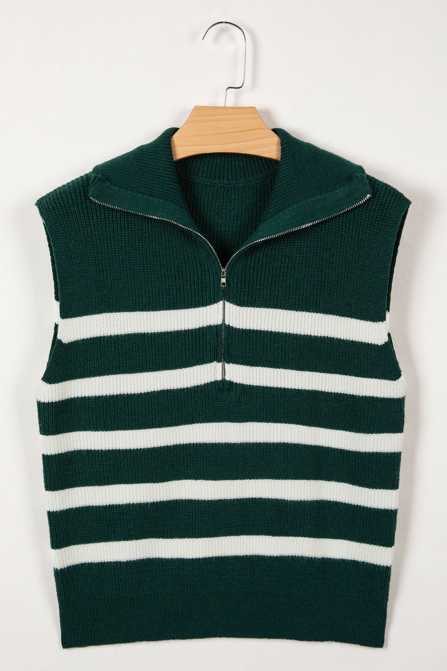 Blackish Green Ribbed Half Zip Collared Sweater Vest