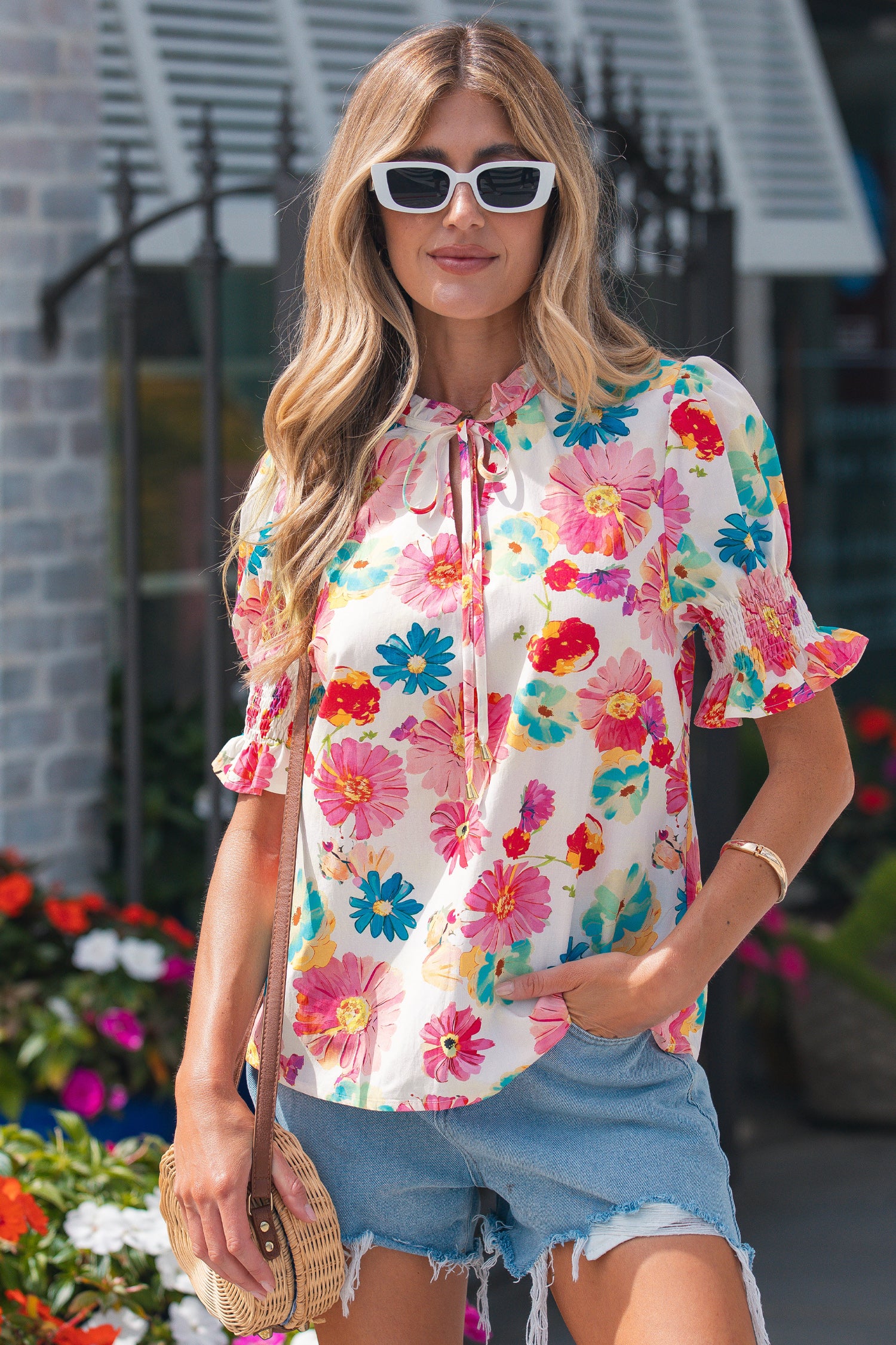 Beige Vibrant Summer Floral Tie V Neck Short Puff Sleeve Blouse