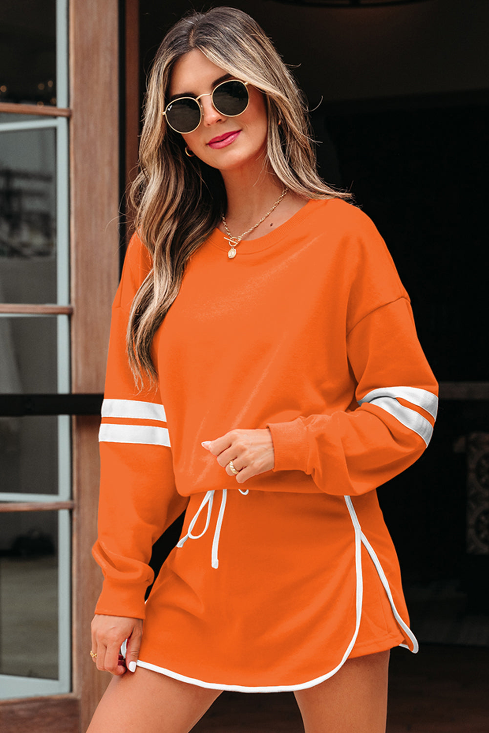 Black Varsity Stripe Detail Drop Shoulder Pullover Mini Skort Set