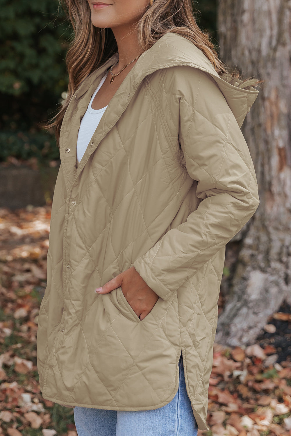 Beige Quilted Snap Button Hooded Coat