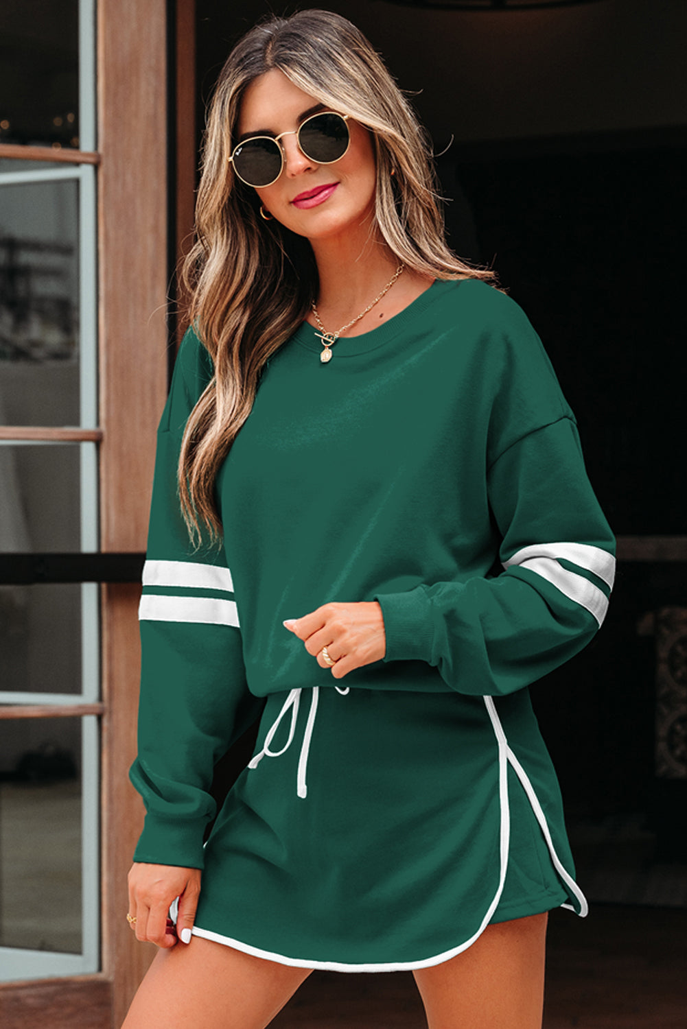 Black Varsity Stripe Detail Drop Shoulder Pullover Mini Skort Set