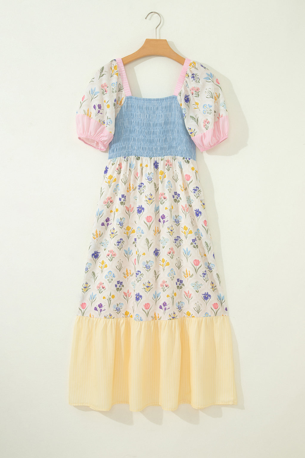 Multicolour Floral Print Striped Color Block Patchwork Square Neck Shirred Long Dress
