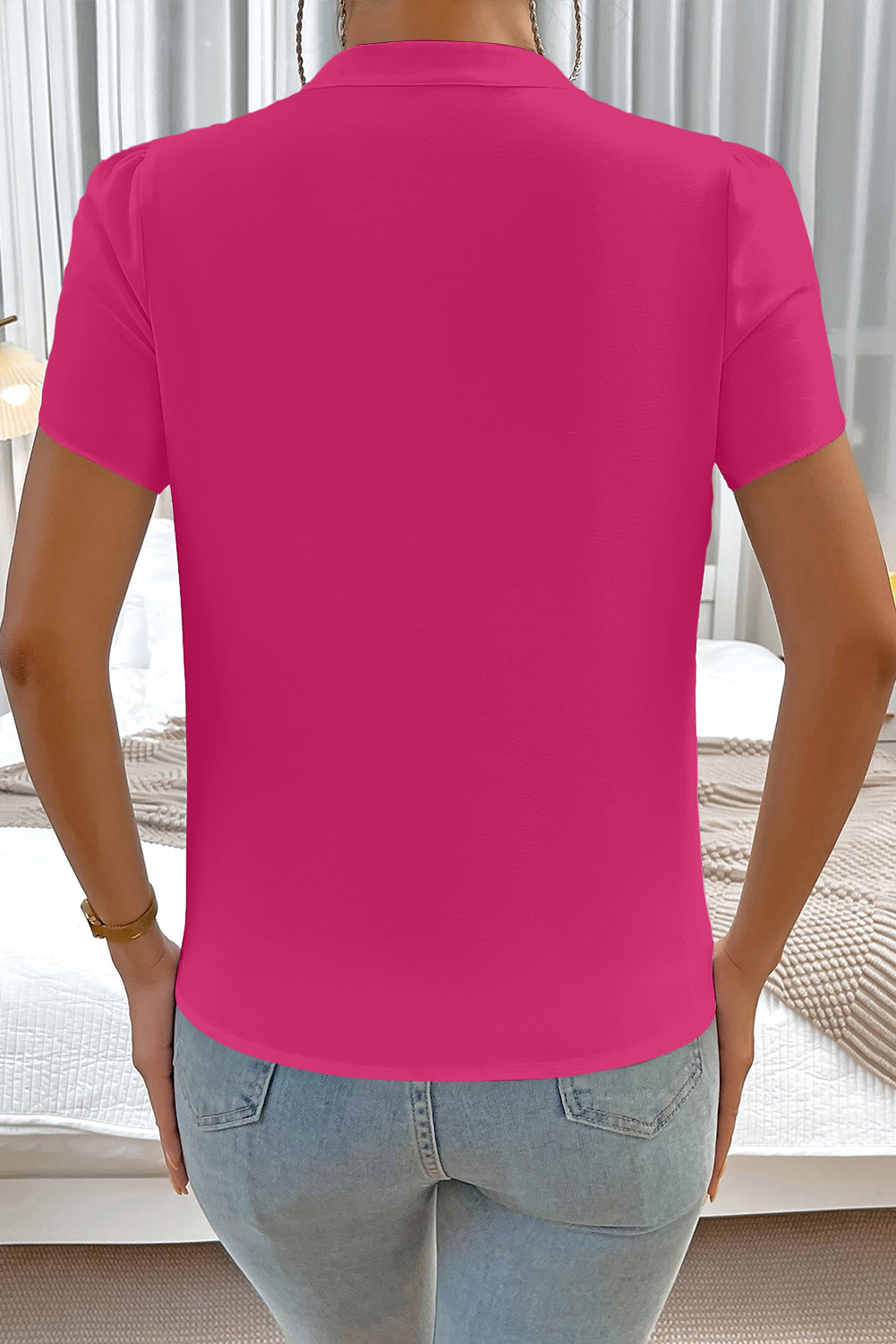 Beige Silky Notched Neckline Petal Sleeve Blouse