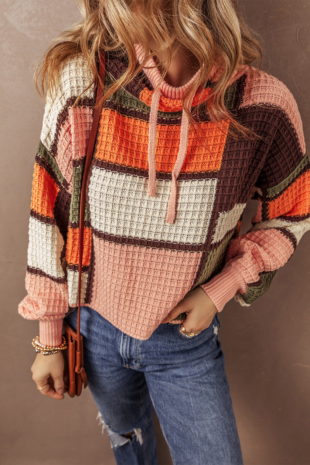 Orange Color Block Waffle Knit Drawstring Mock Neck Sweater