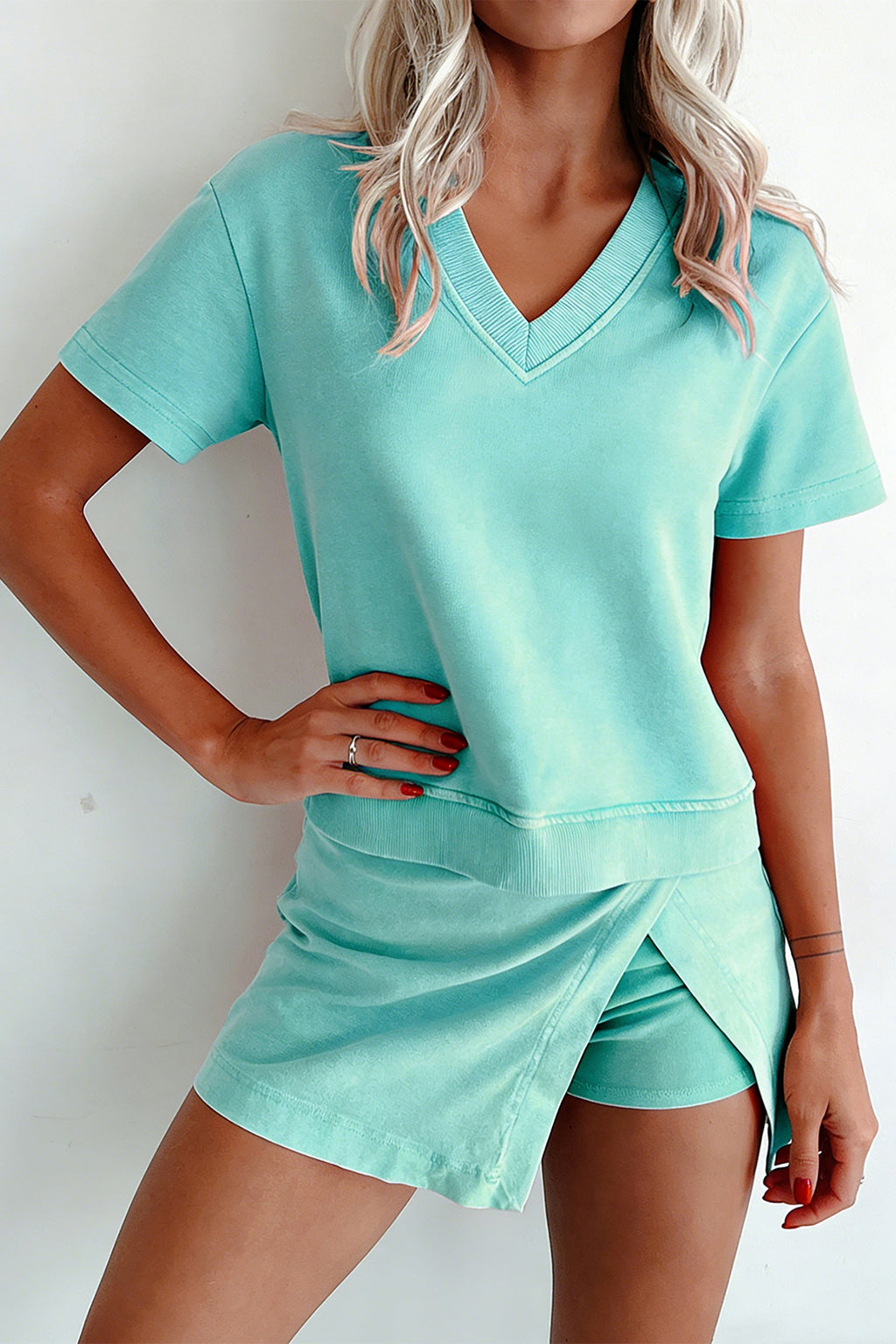 Light Pink Mineral Wash V Neck Tee Matching Skort Set
