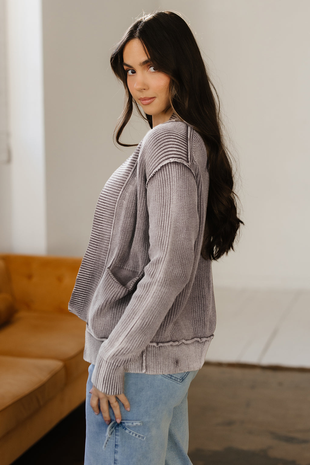 Chestnut Mineral Wash Exposed Seam Patchwork Knit Open Sweater Cardigan