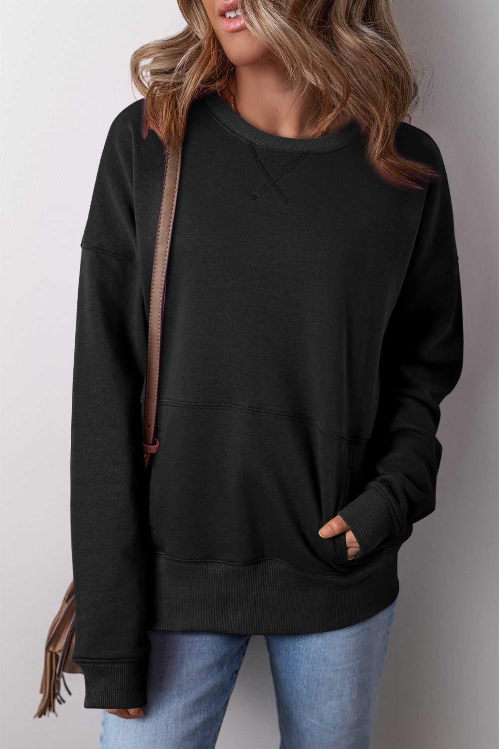 Vineyard Green Drop Shoulder Crisscross Stitching Pocketed Loose Sweatshirt