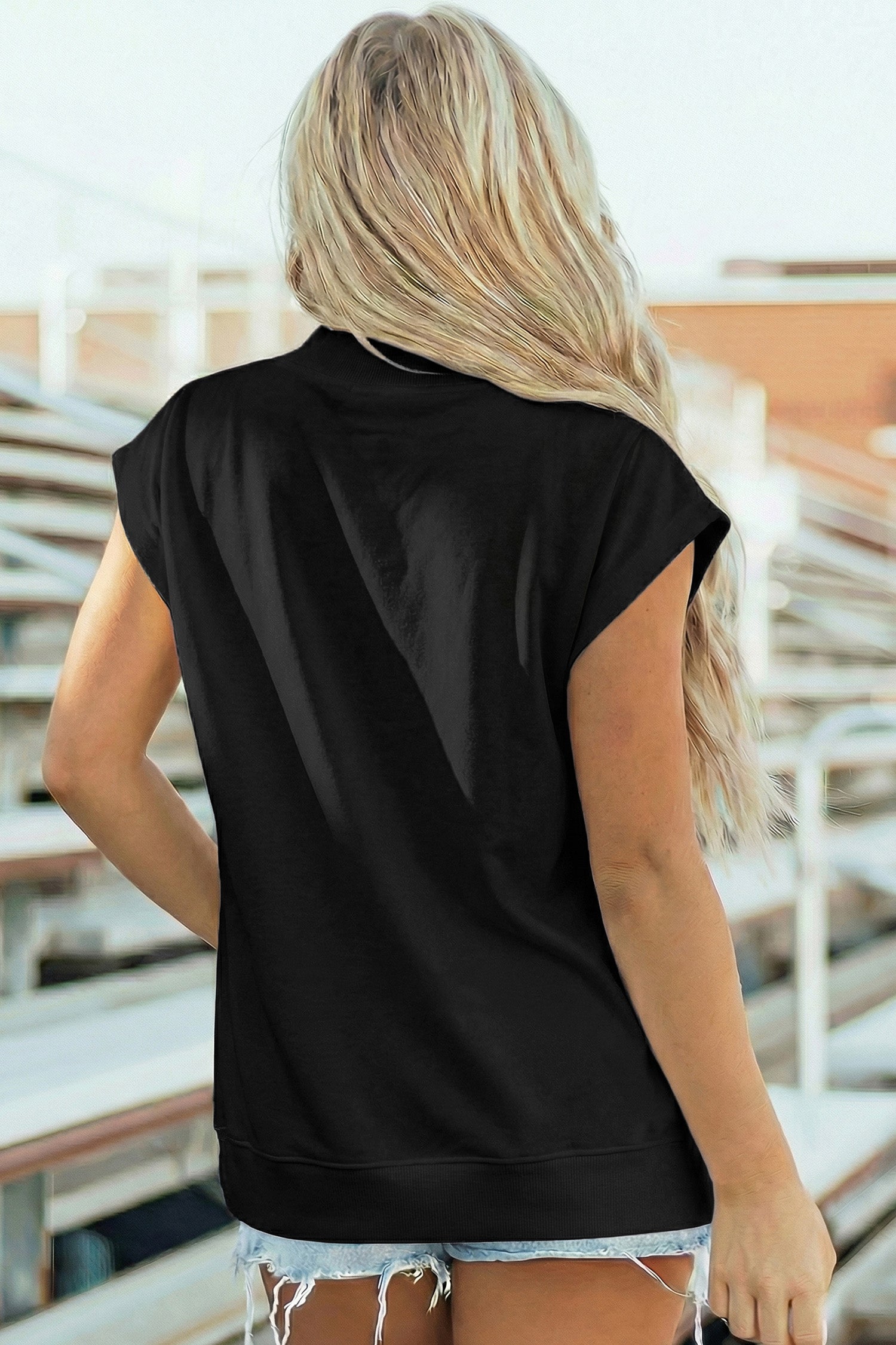 Light Grey Solid Color High Neck Cap Sleeve Loose Top