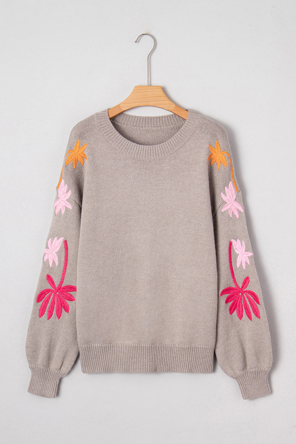 Beige Embroidered Floral Sleeve Round Neck Loose Sweater