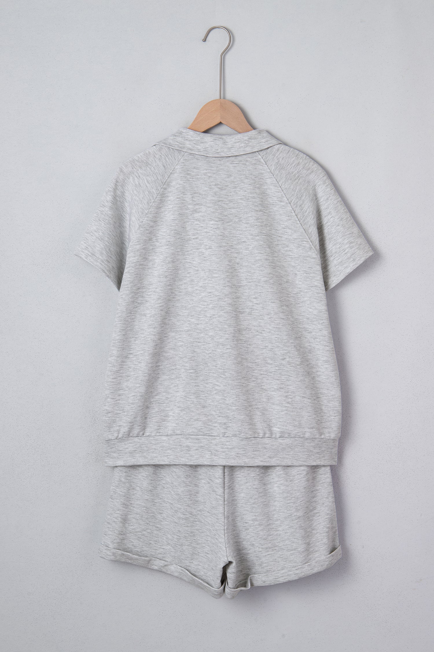 Light Grey Collared V Neck Tee Drawstring Elastic Waist Shorts 2pcs Outfit