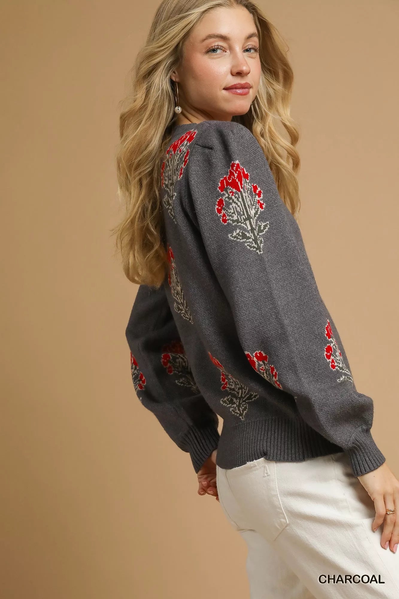 Umgee Single Flower Stem Jacquard Sweater