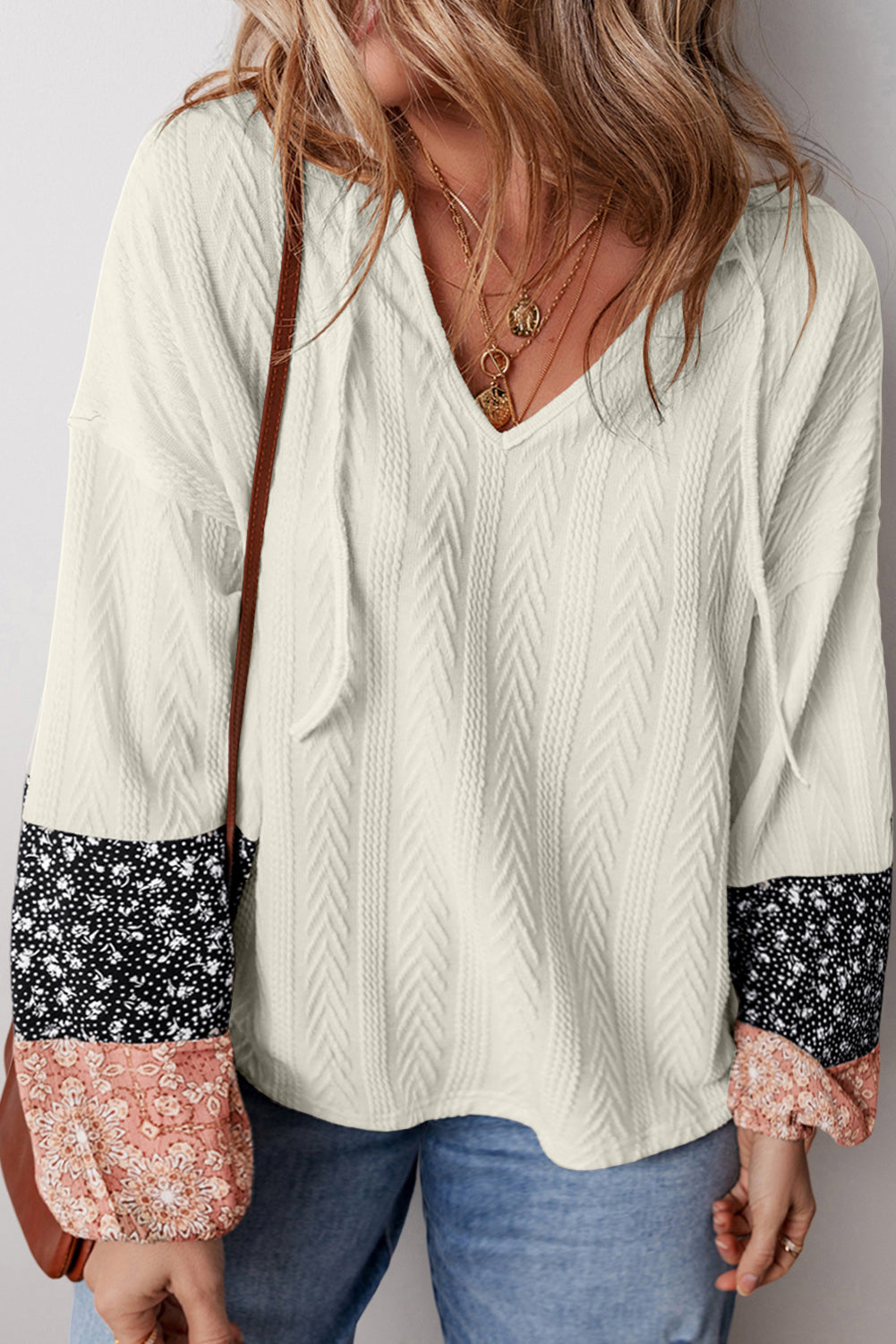 Beige Floral Patchwork Textured Knit Drawstring V Neck Blouse