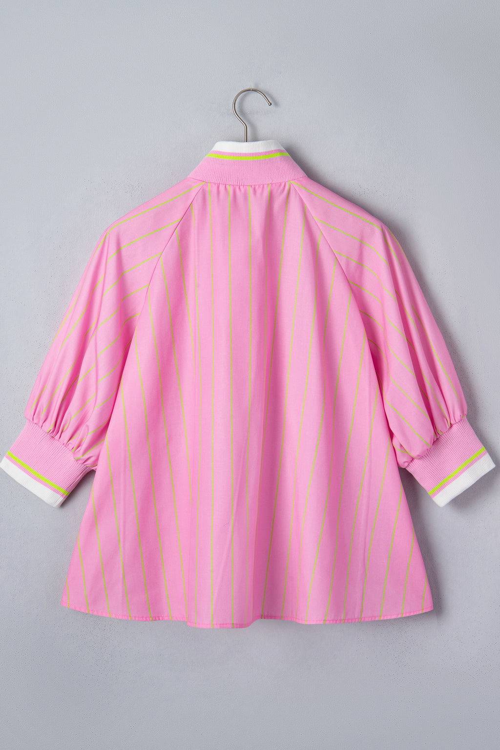 Pink Stripe Striped V-Neck Half Sleeve Zipper Ribbed Cuff Casual Shift Blouse