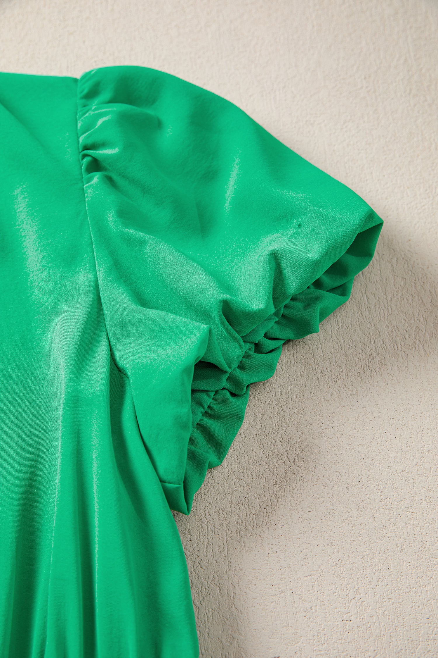 Bright Green Solid Color V Neck Short Puff Sleeve High Waist Tiered Maxi Dress