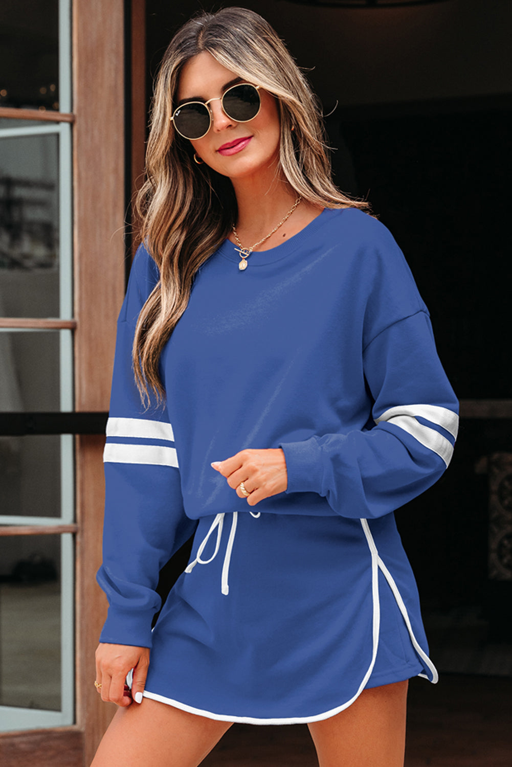 Black Varsity Stripe Detail Drop Shoulder Pullover Mini Skort Set