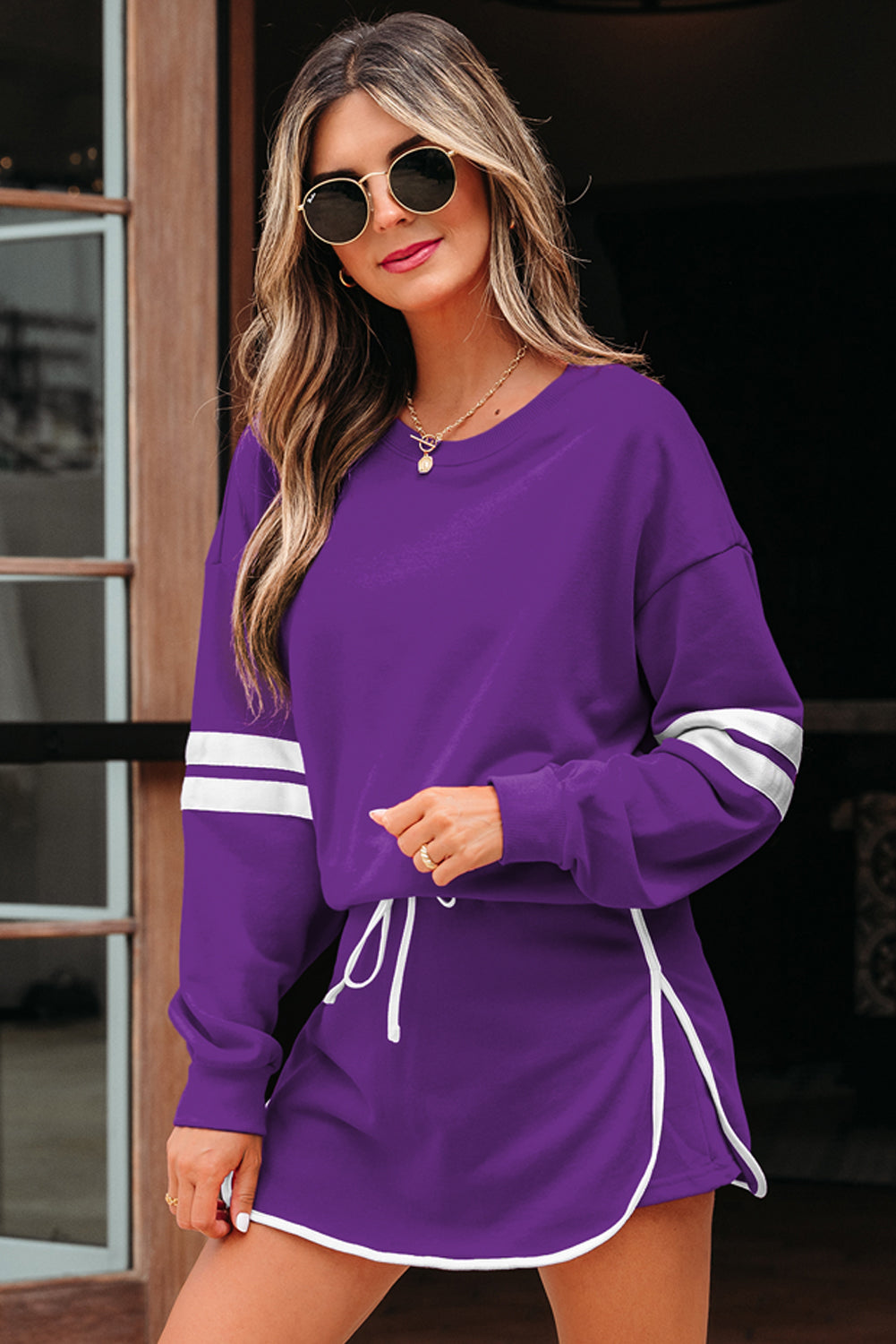 Black Varsity Stripe Detail Drop Shoulder Pullover Mini Skort Set