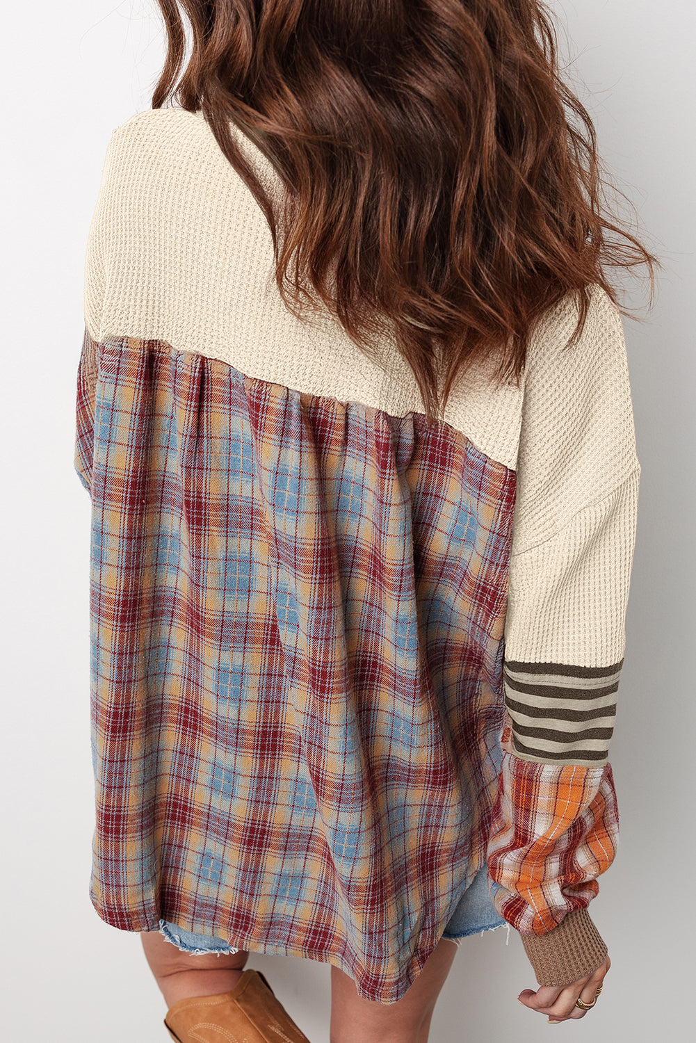 Straw Yellow Waffle Stripe Plaid Patchwork Henley Knit Top