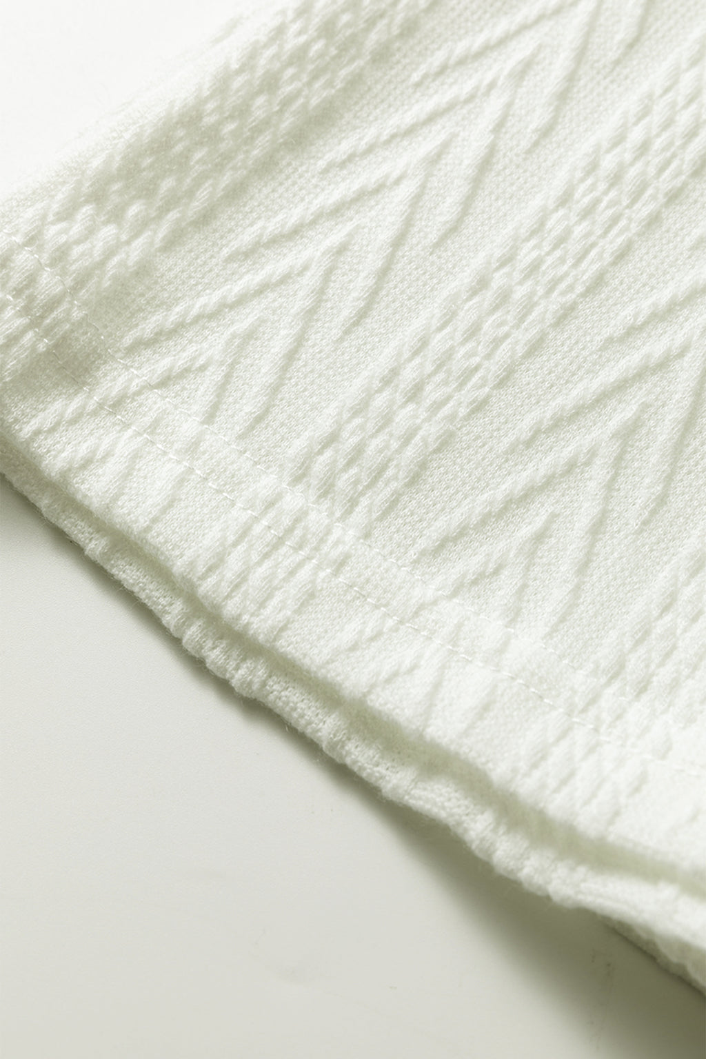 Beige Floral Patchwork Textured Knit Drawstring V Neck Blouse