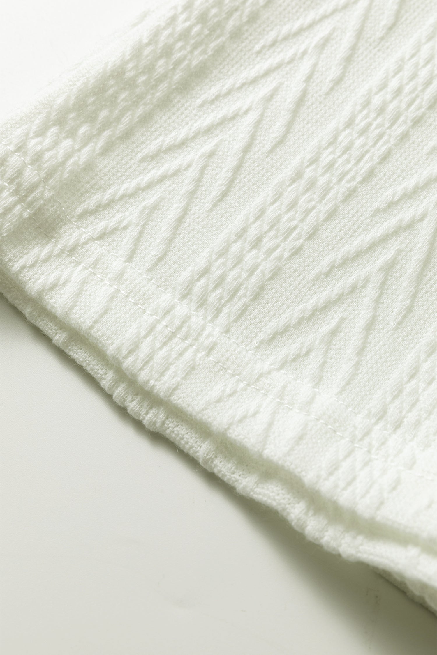 Beige Floral Patchwork Textured Knit Drawstring V Neck Blouse