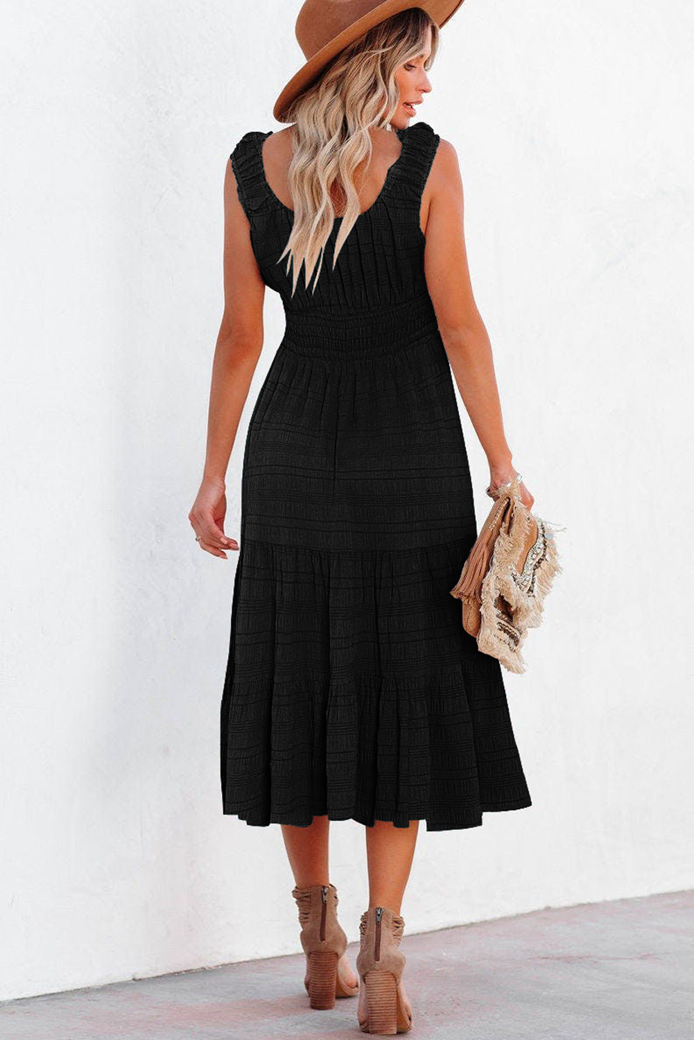 Green Shirred Pleated Square Neck Sleeveless Midi Dress