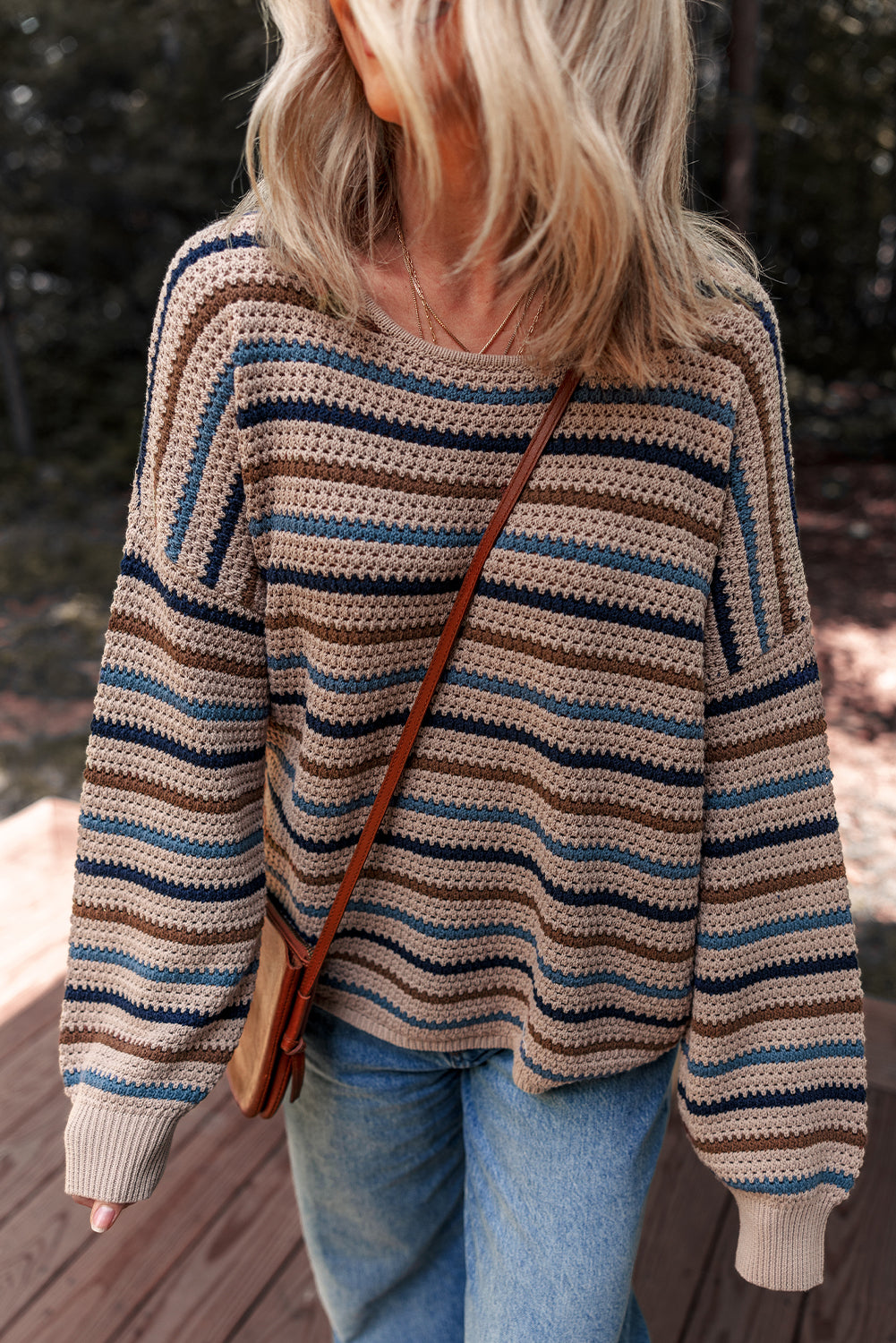 Multicolour Striped Knitted Drop Shoulder Round Neck Sweater