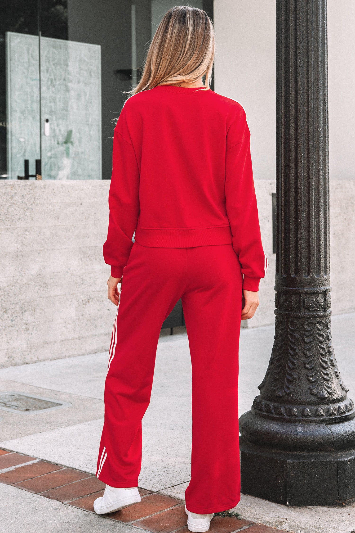 Fiery Red Varsity Striped Detail Crewneck Pullover Elastic Sweatpants 2pcs Outfit