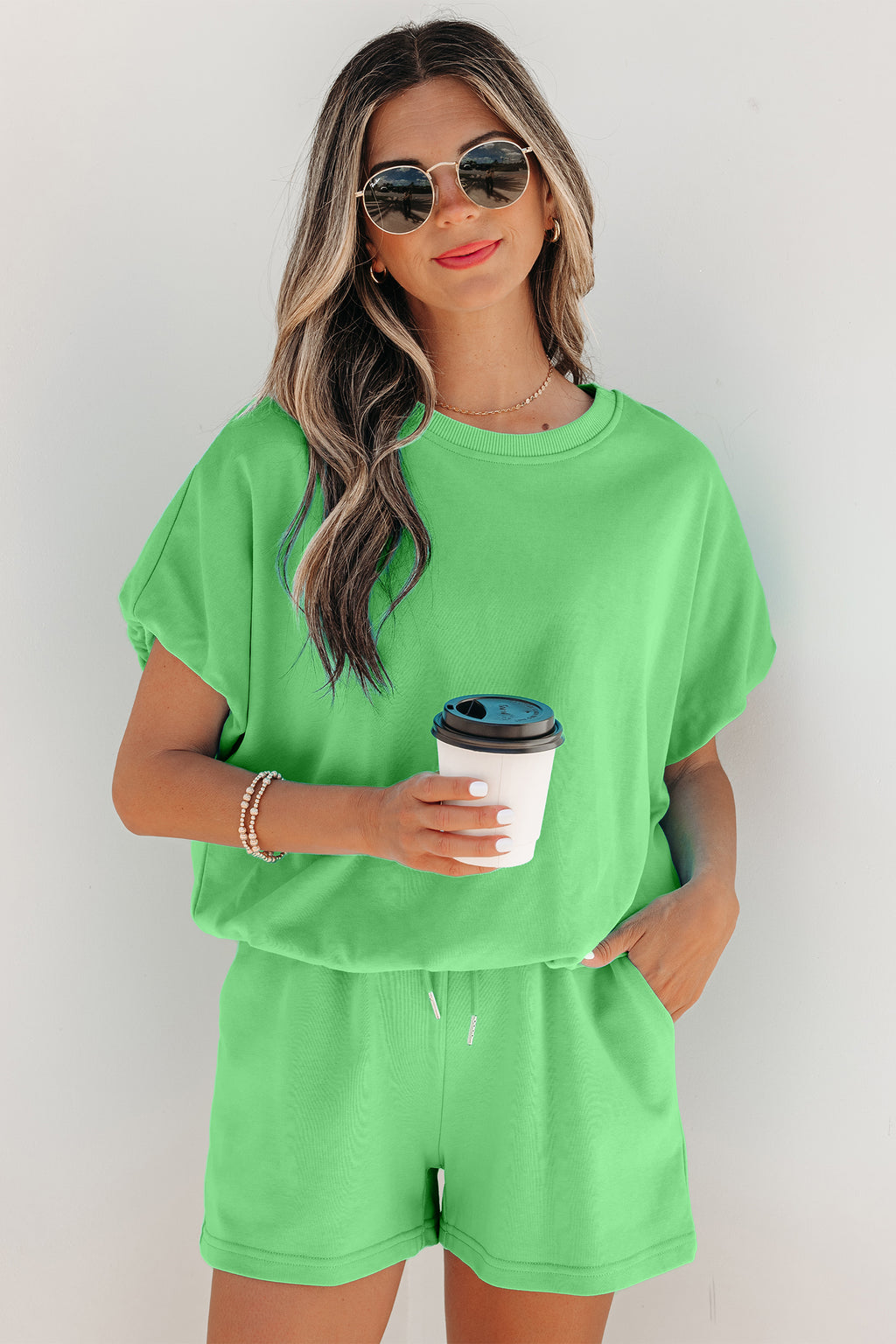 Light Blue Solid Color Puffy Loose Top Drawstring Shorts 2pcs Outfit