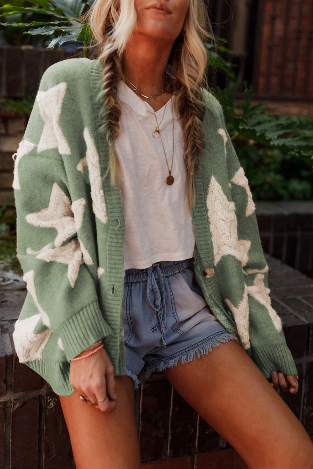 Khaki Sherpa Star Pattern Textured Sweater Cardigan with Pockets