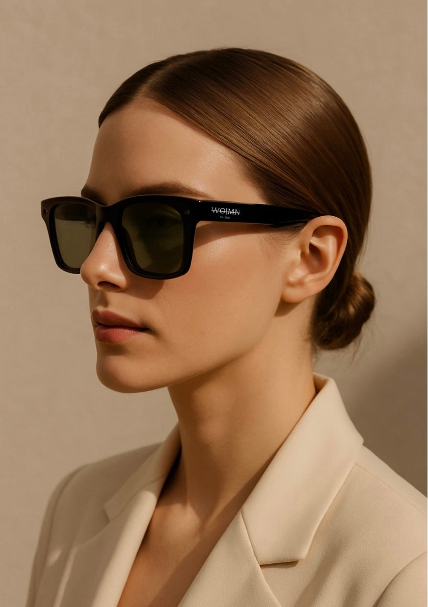 WO|MN sleek and square polarized sunglasses-green lenses, black acetate frame