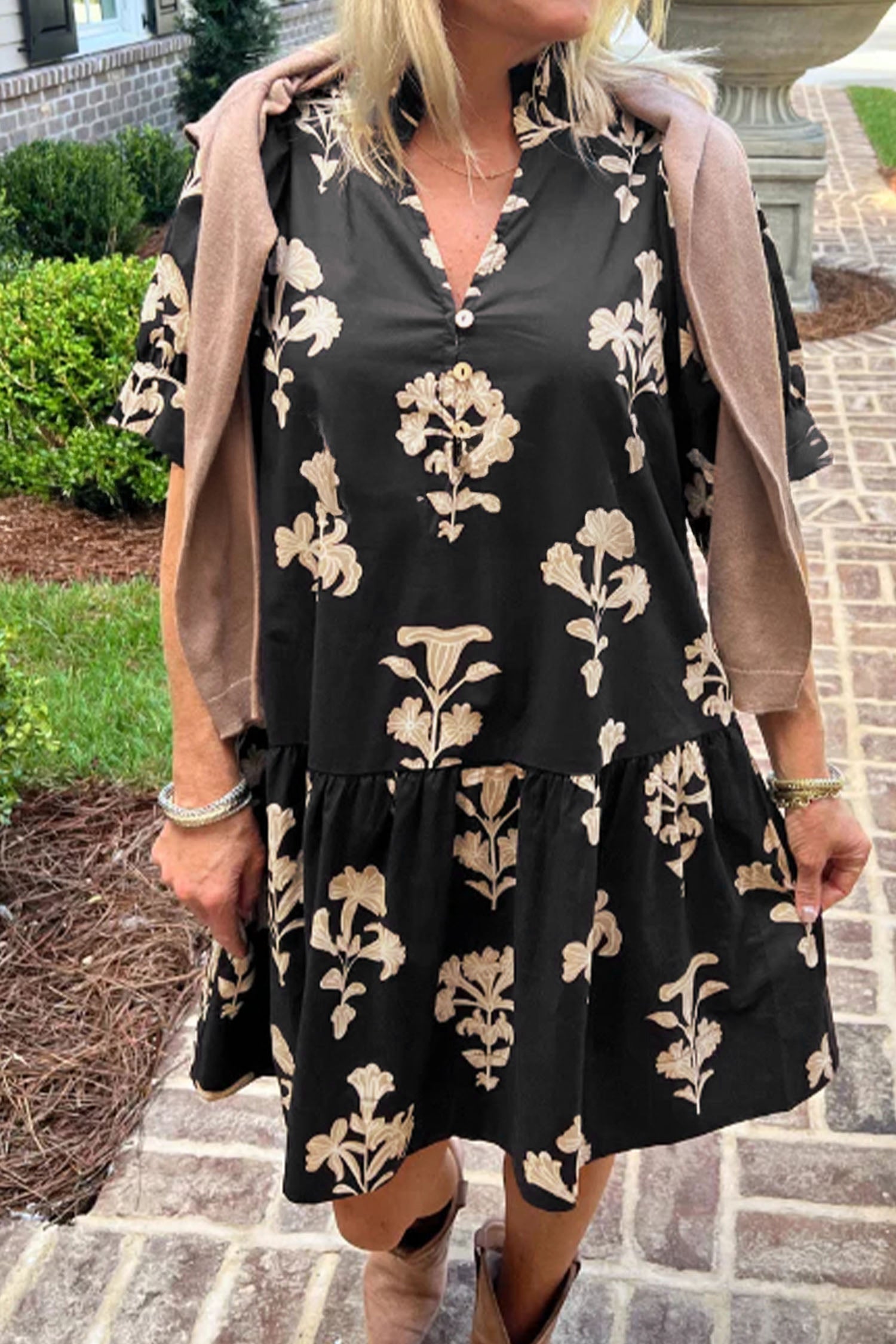 Green Frilled V Neck Puff Short Sleeve Floral Mini Dress