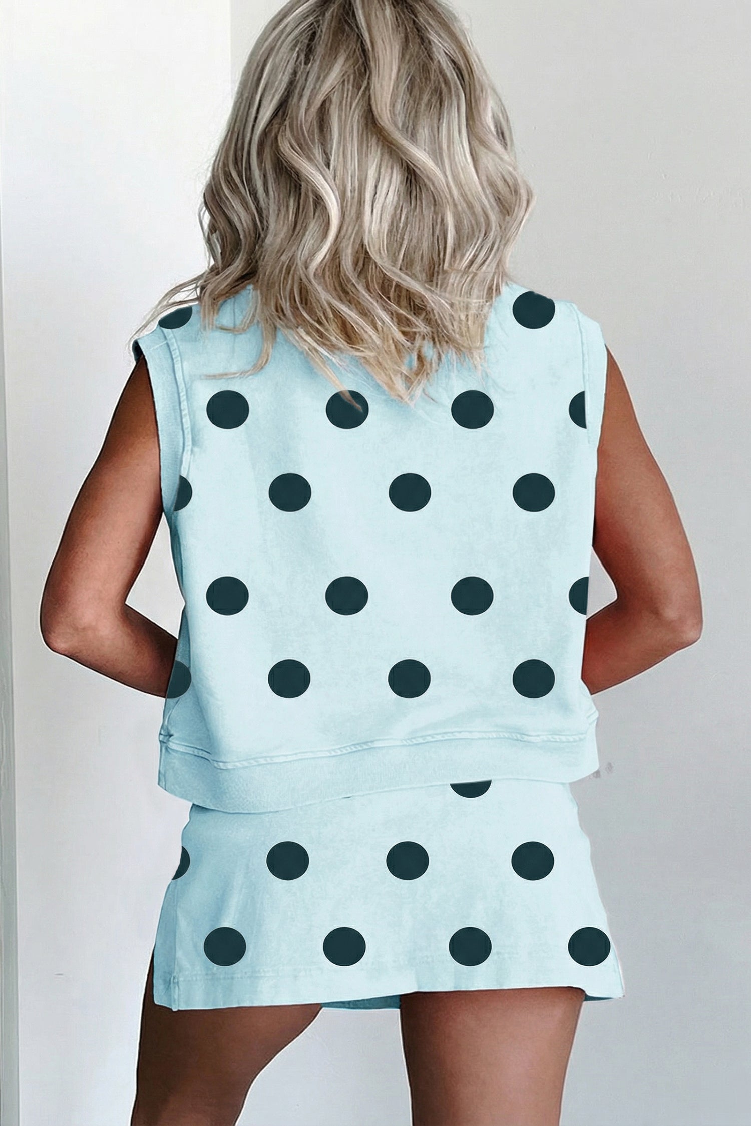 Pink Ribbed Trim Polka Dot Print Tank Split Mini Skort 2pcs Set